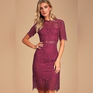 Lulus Remarkable Burgundy Sheer Lace Short Sleeve Mini Dress